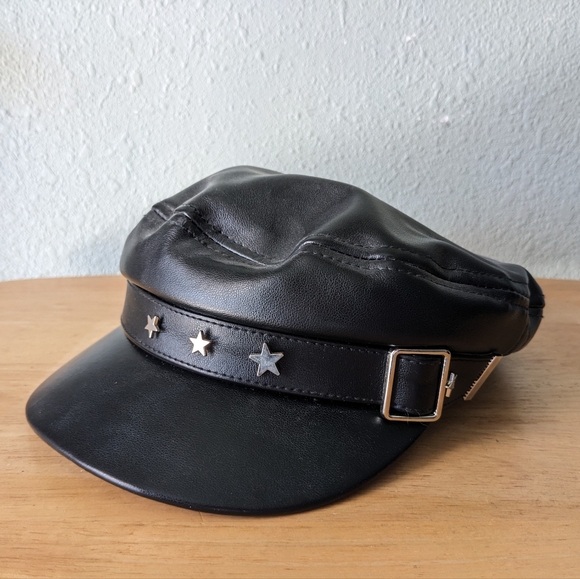 2000s/Y2K Black Faux Leather Hat with Silver Star Accents - Picture 3 of 3